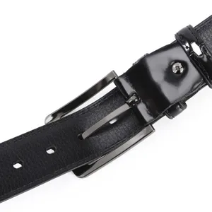 Men's minimalist black pin buckle synthetic leather belt, casual business dress trouser belt.