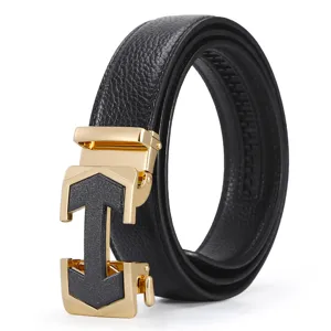 Men's genuine leather belt with stylish automatic metal buckle, rolled black design.