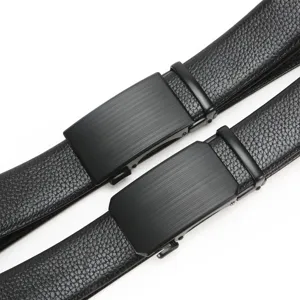 Men's genuine leather automatic buckle belt with black textured strap for business casual wear.