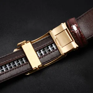 Men's luxury leather belt with gold automatic alloy buckle and dark brown embossed strap.