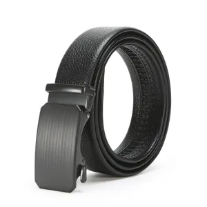 Men's black leather ratchet belt with stylish metal automatic buckle for business casual wear.
