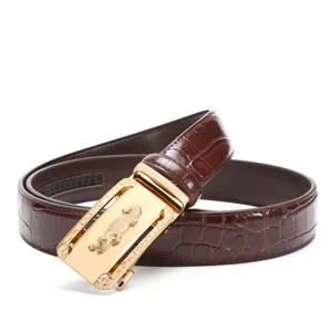 Men's brown crocodile pattern leather belt with gold automatic buckle, business casual style.
