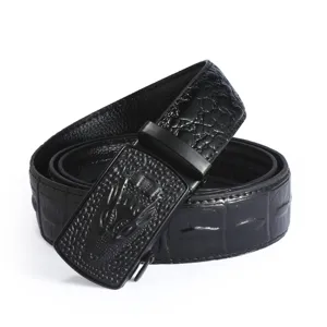 Men's black leather belt with crocodile pattern and automatic buckle, stylish and versatile.