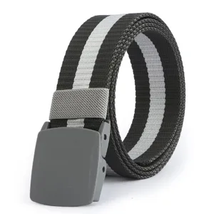 Durable nylon canvas belt with plastic buckle, black and grey striped outdoor casual webbed belt.