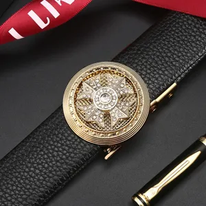 Men's automatic buckle leather belt with luxury gold crystal round cross design for business.