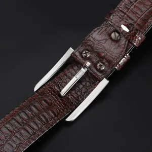 Men's brown crocodile pattern leather belt with stylish metal buckle for casual jeans wear.