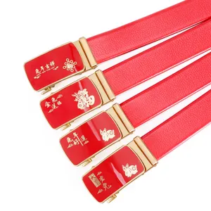 Men's Chinese Red Leather Belt Automatic Metal Buckle Business Casual Waistband New Year Rabbit Year Design