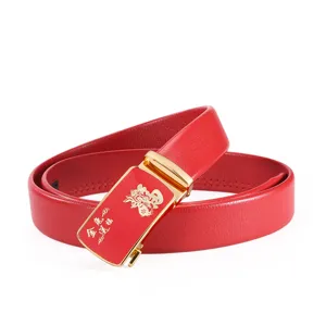 Red mens leather belt gold automatic buckle lucky rabbit design lucky new year style