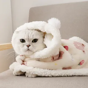 Detailed view of cute strawberry pattern pet winter warm cloak and blanket for cats.
