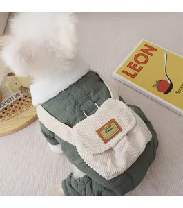 Winter warm pet jumpsuit for dogs, cute green corduroy four-leg warm clothes with small backpack.