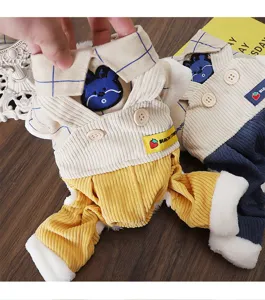 Winter warm dog four-legged plaid fake two-piece cute cartoon embroidered thick pet coat