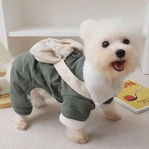 Winter warm pet four-legged corduroy cotton clothes with cute backpack design for small dogs.