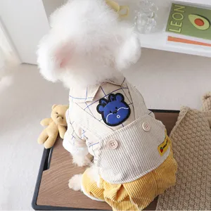 Winter warm pet dog four-leg plaid shirt fake two-piece overall cartoon bear embroidery outfit