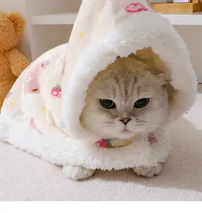 Cute winter warm pet cloak with strawberry and bear pattern, comfortable plush hooded cape for cats.