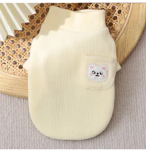 Close-up of yellow vertical stripe pet fleece sweater with cute bear pocket and warm high neck.
