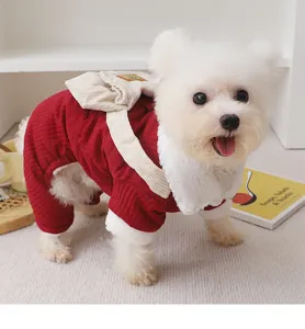 Cute red corduroy pet winter jumpsuit with warm fleece collar and small backpack detail.