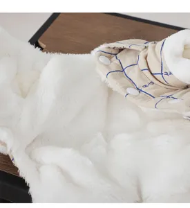 Fluffy white pet winter four-leg coat with grid collar and snap buttons warm clothing detail