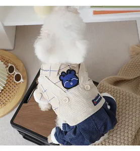 Dog winter warm plaid shirt fake two-piece overall skirt with cute cartoon bear embroidery design.