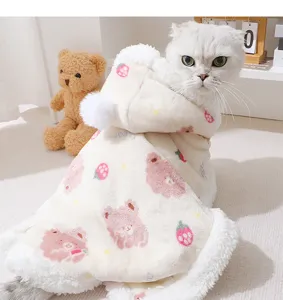 Cute strawberry bear cat winter cloak plush hooded pet blanket warm apparel for kitten