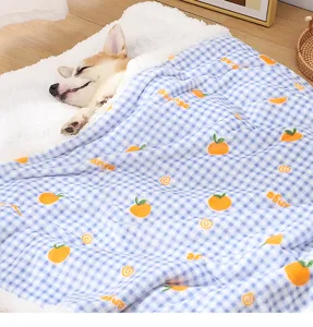 Nahaufnahme einer weichen blau karierten Haustierdecke mit Orangenprint, gemütliche Hundeszene.