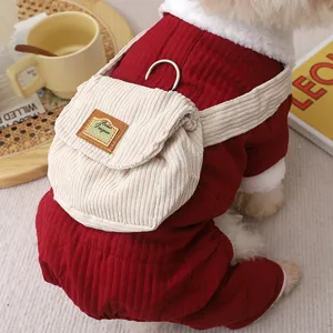 Winter warm four-leg pet jumpsuit with corduroy backpack cute dog outdoor traction clothes