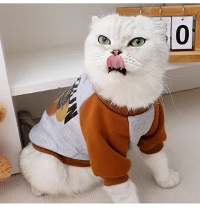 Cute winter pet cat hoodie with bear pattern, warm fleece two-leg apparel detail view