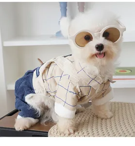 Winter warm dog plaid shirt fake two-piece four-leg pet coat with snap buttons cute embroidery.