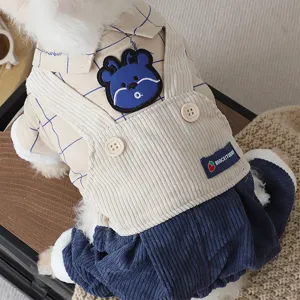 Winter warm dog shirt fake two piece plaid cartoon embroidery pet clothes for cold weather.