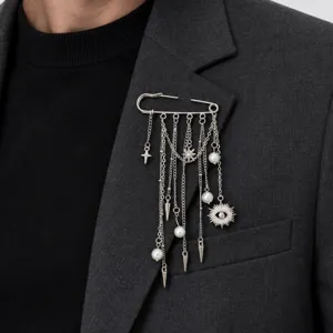 Men's fashion silver safety pin brooch with hanging chains pearls spikes and evil eye charm.