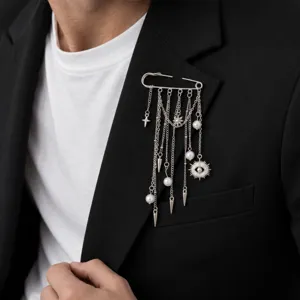 Men's fashion silver tassel rivet brooch pin, stylish punk hip-hop suit decorative jewelry accessory.