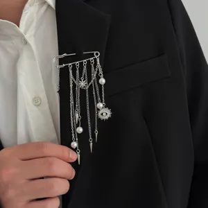 Men's stylish silver safety pin brooch with multi-layer chains, pearls, and unique charms.