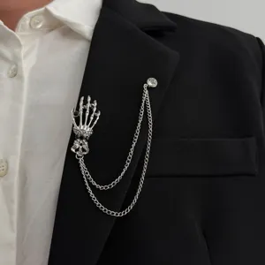 Rhinestone skeleton hand brooch with tassel chains for men stylish suit accessory gothic jewelry