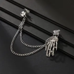 Men Rhinestone Skeleton Hand Brooch Halloween Gothic Chain Suit Lapel Pin Jewelry Accessories