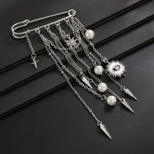 Men fashion tassel brooch pin hip hop silver metal rhinestone pearl suit accessory