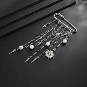 Men's hip-hop tassel safety pin brooch with pearls and metal spikes for suit decor.