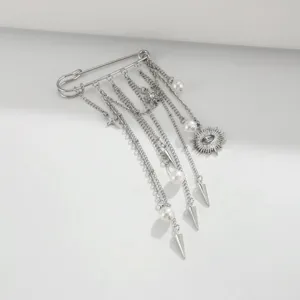 Men silver tassel safety pin brooch rivet evil eye charm detail view for suit jacket