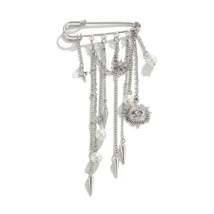 Silver tassel rivet brooch pin for men, trendy hip hop suit accessory with pearls and charms.