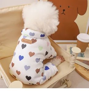 Cute autumn winter dog four legged warm cotton clothes with colorful cute hearts design.