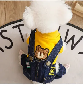Cute puppy pet dog autumn winter clothes set yellow sweatshirt denim overalls cute bear.