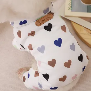 Pet Dog Winter Warm Four-Legged Cotton Coat Cute Heart Print Thickened Fleece Lined Jumpsuit Apparel For Small Dogs