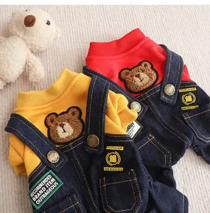 Cute dog autumn winter sweatshirt denim overalls set with fluffy bear applique and detail.