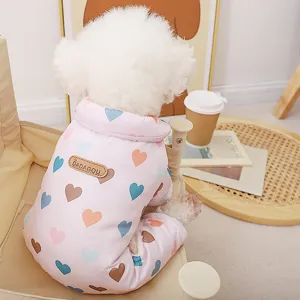 Cute pet winter warm four-legged jumpsuit coat for small dogs pink heart print clothing