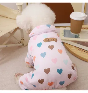 Thickened warm dog winter jumpsuit, cute pink heart pattern four-legged puppy apparel.