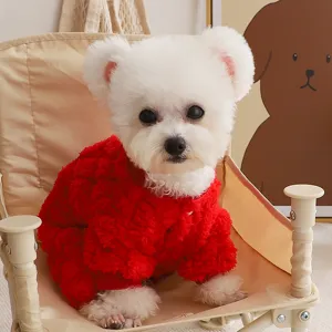 Red fleece dog jumpsuit with bear ears for small dogs warm winter pet apparel cozy cute