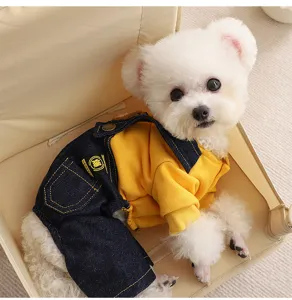 Cute pet dog autumn winter clothes detail shot showing yellow hoodie and denim overalls outfit.