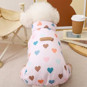 Cute four-legged winter dog jumpsuit with colorful heart pattern, warm thick pet apparel.