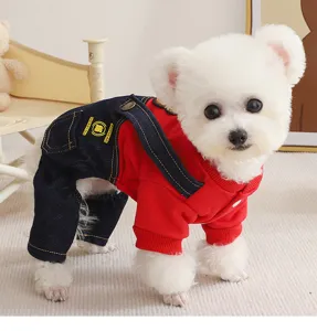 Cute dog autumn winter clothes set red sweatshirt denim overalls pet apparel small dogs
