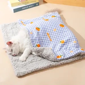 Warm Pet Cat Sleeping Mat Soft Plush Fleece Dog Bed Cute Cartoon Print Cushion Winter Thermal Pet Supplies For Cats