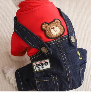 Pet dog hoodie and denim overalls set detail view, featuring a cute bear patch and stylish design.