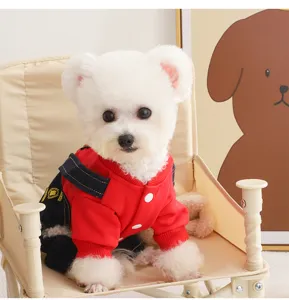 Detailed view of cute pet dog autumn winter four-leg hoodie outfit in red and denim style.